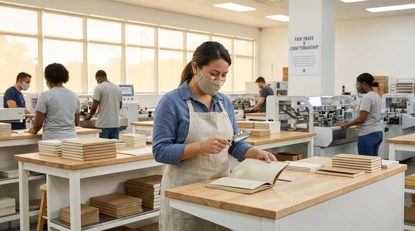 Factory worker in a clean, well-lit facility inspecting notebooks