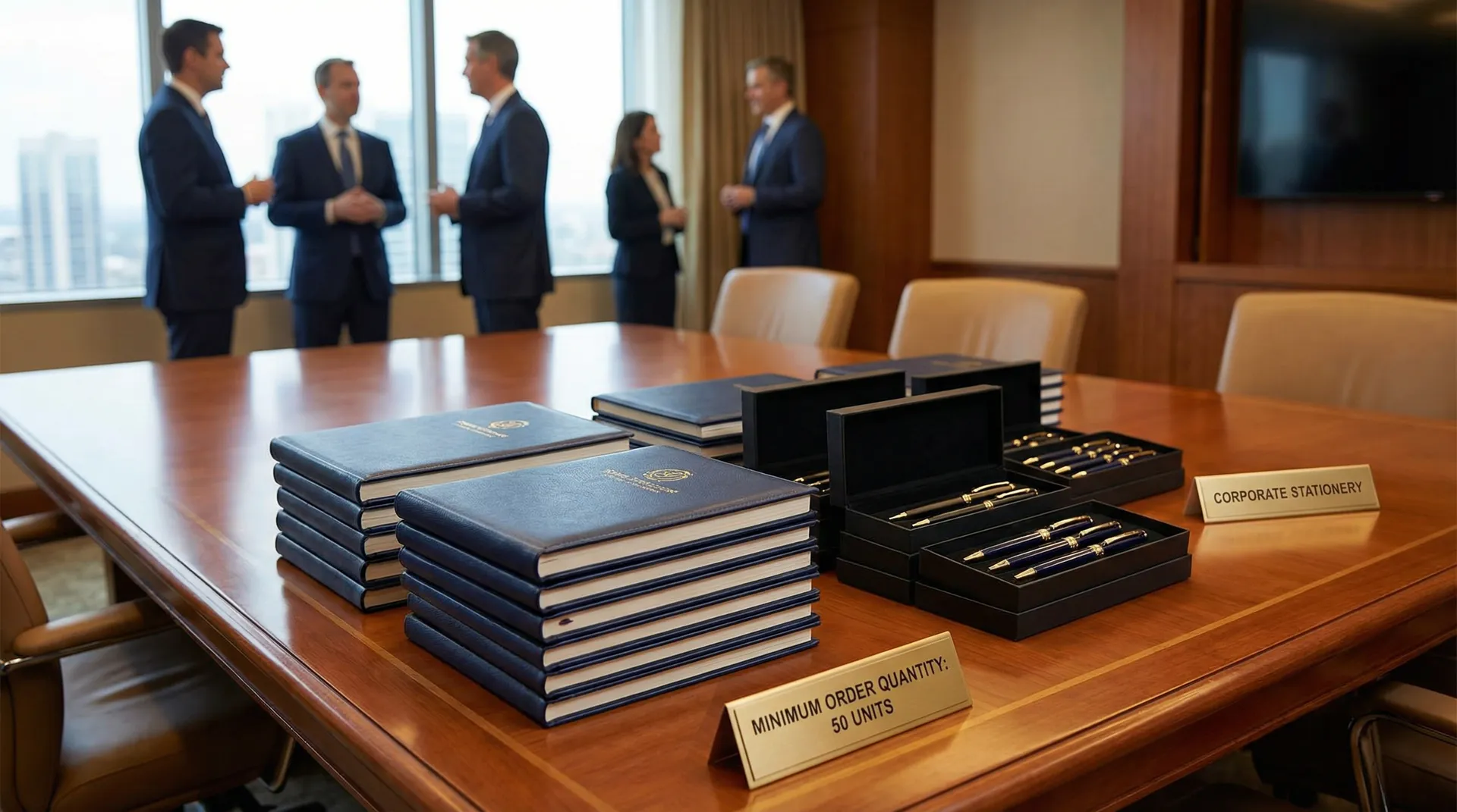 Warehouse shelves with organized boxes of custom stationery