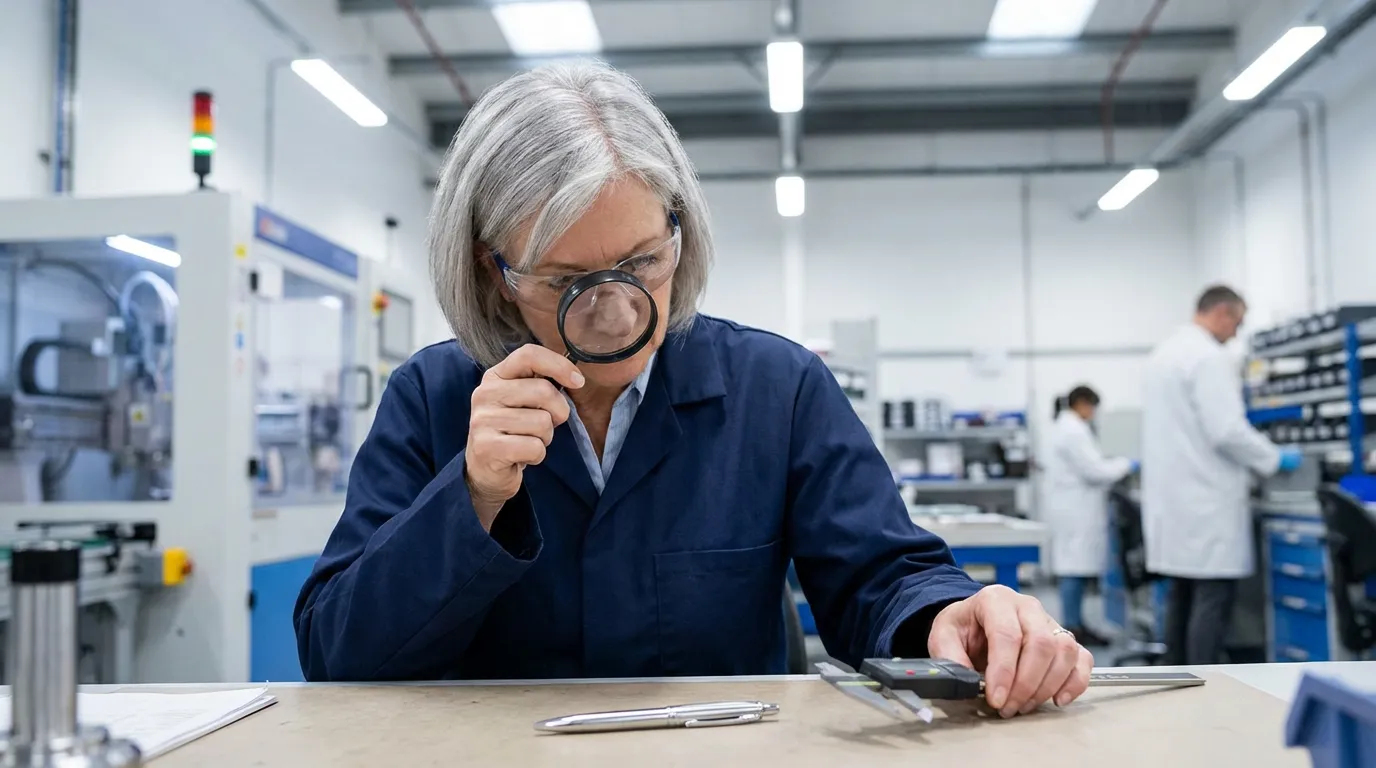 Quality control inspector checking pens with magnifying glass
