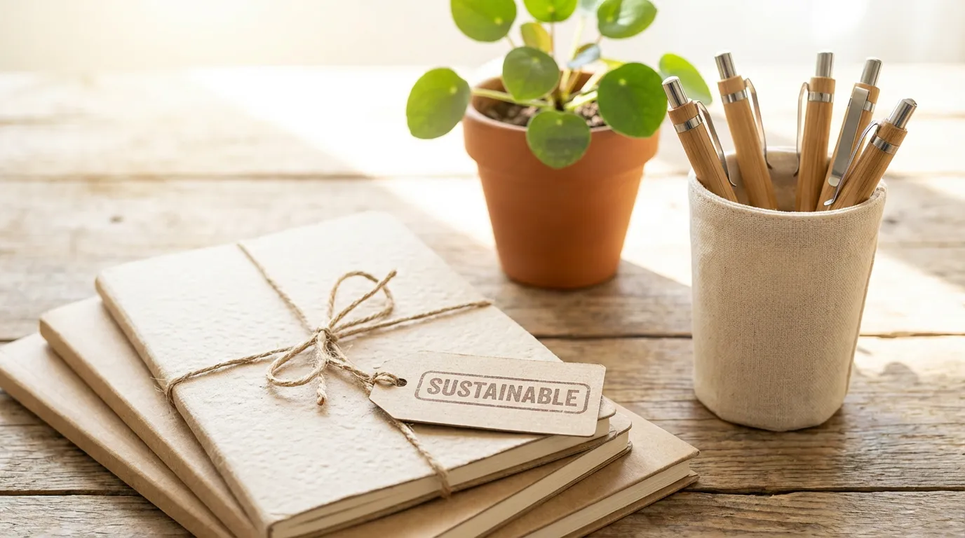Eco-friendly stationery set on recycled paper background