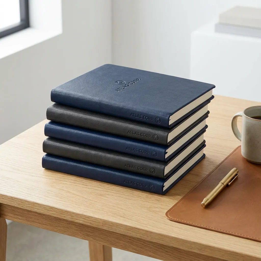 Leather bound corporate notebooks with embossed logo